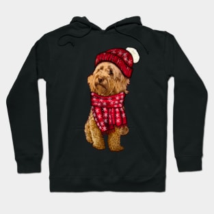 Cavapoo Cavoodle in festive red winter hat and scarf- cute cavalier king charles spaniel snug in a snowflake themed scarf Hoodie